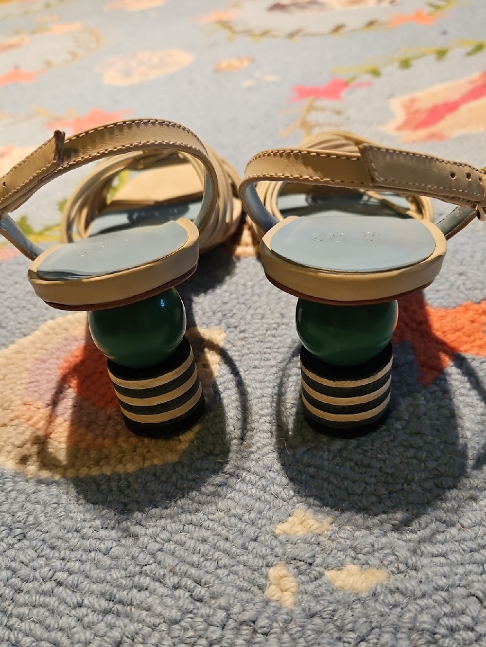 Frances Valentine Beige Spaghetti Strap Sandals with Green & Black Accent Heel - Picture 3 of 6